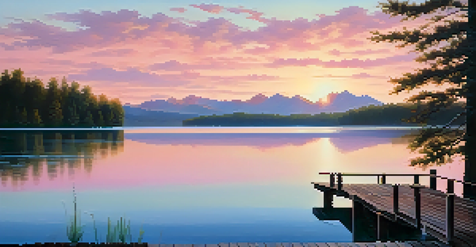 A peaceful sunrise landscape over a calm lake, with green trees and mountains, showcasing pastel colors reflecting in the water.