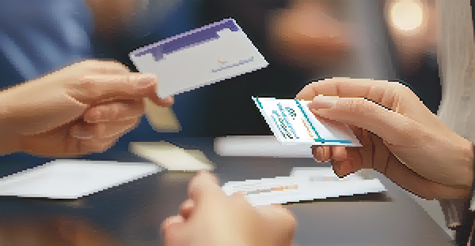 Close-up of two hands exchanging beautifully designed business cards at a networking event.