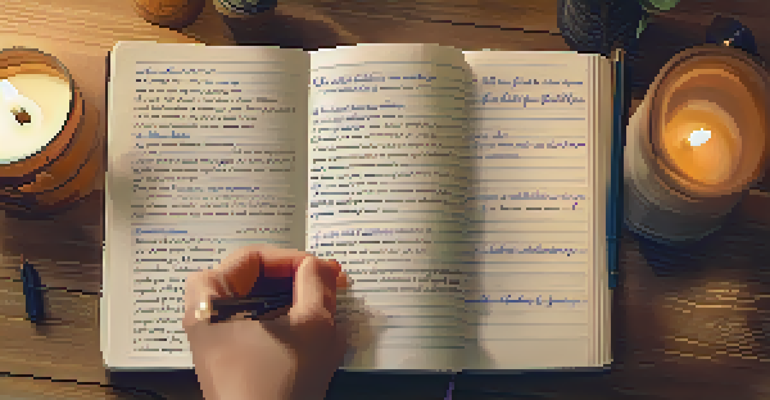 A hand writing in a motivational journal on a wooden table with a candle in the background.