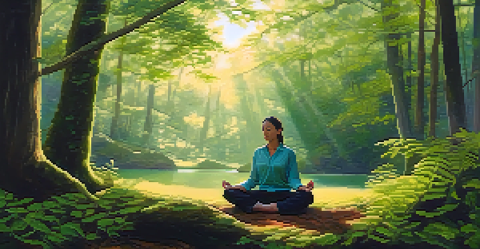 A person meditating in a peaceful forest, surrounded by greenery and soft sunlight.