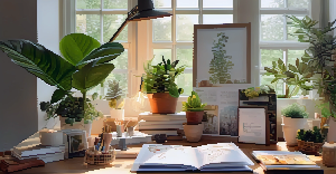 A serene workspace with a vision board on a wooden desk, surrounded by plants and a glowing lamp, illuminated by soft morning light.