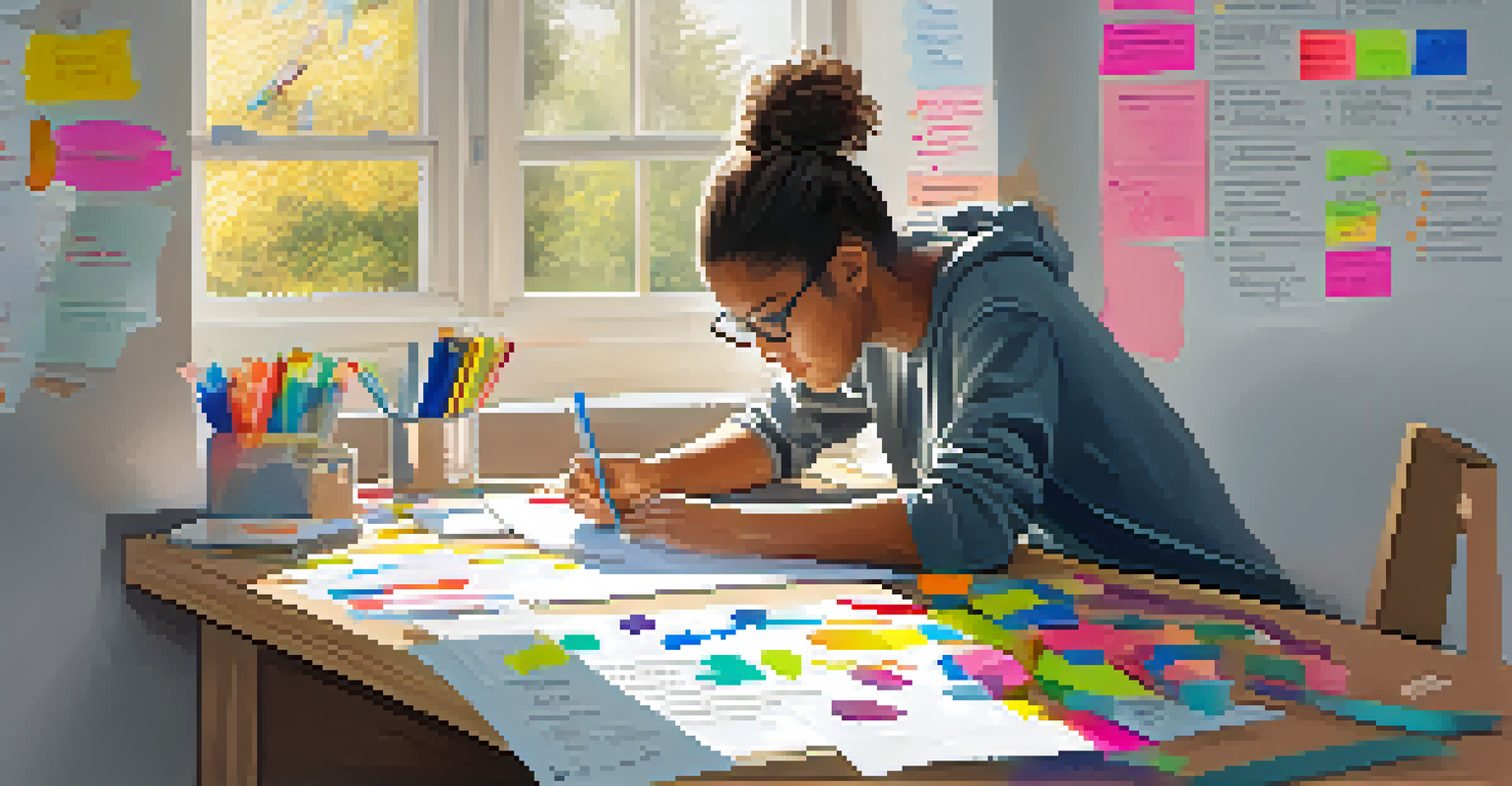 A student in a cozy study nook, crafting a mind map on paper with colorful markers and sticky notes, illuminated by natural light.