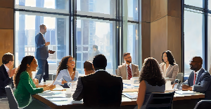 A diverse group of people in a conference room, discussing ideas with enthusiasm.
