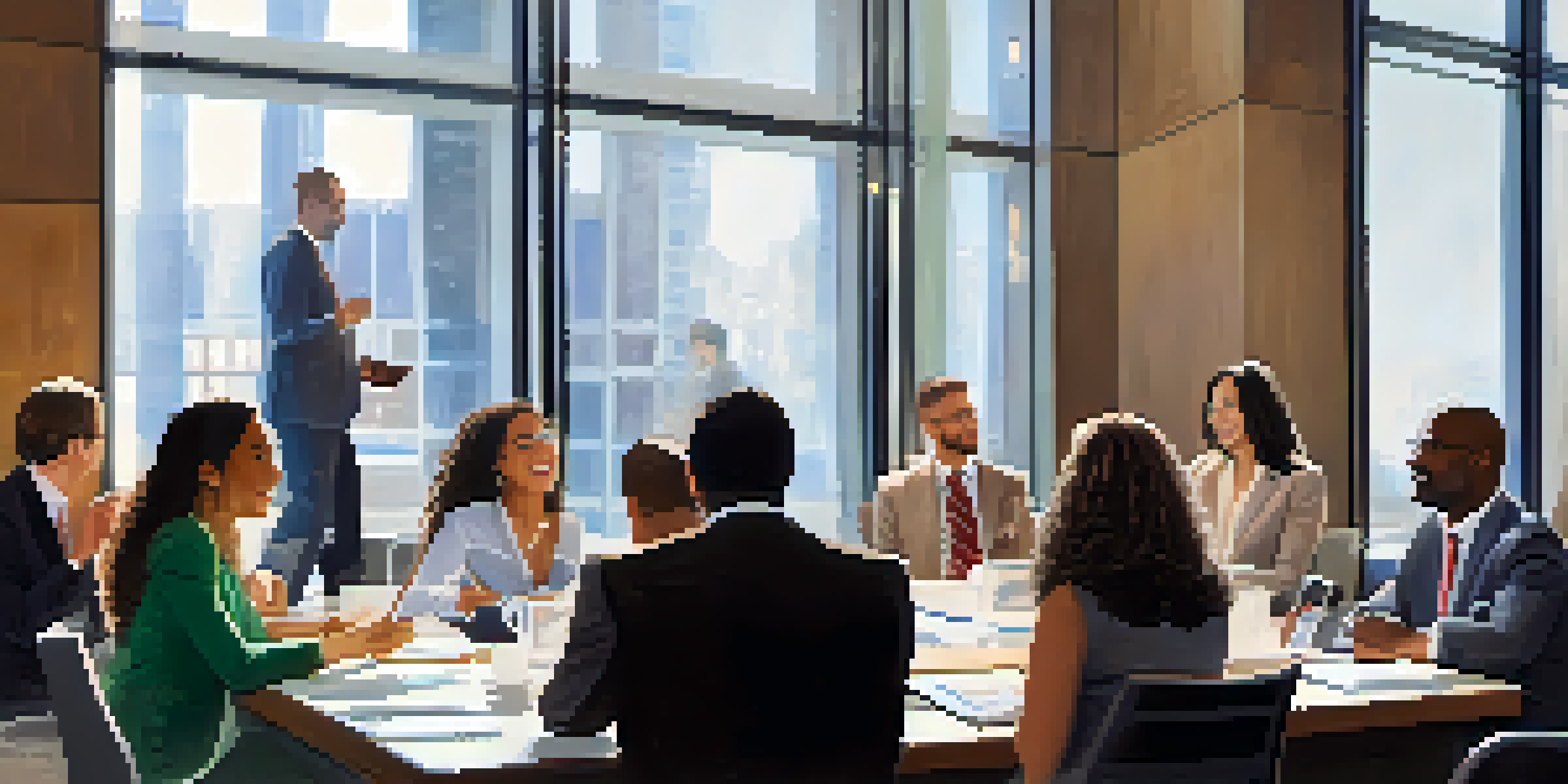 A diverse group of people in a conference room, discussing ideas with enthusiasm.
