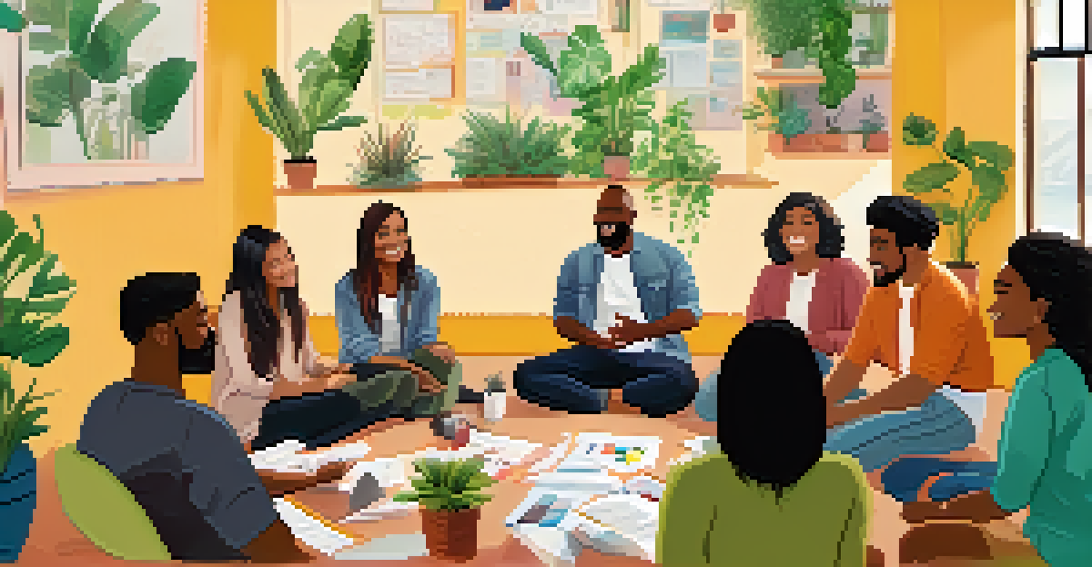 A diverse group of people sitting in a circle, discussing their goals and sharing experiences in a bright, colorful room.