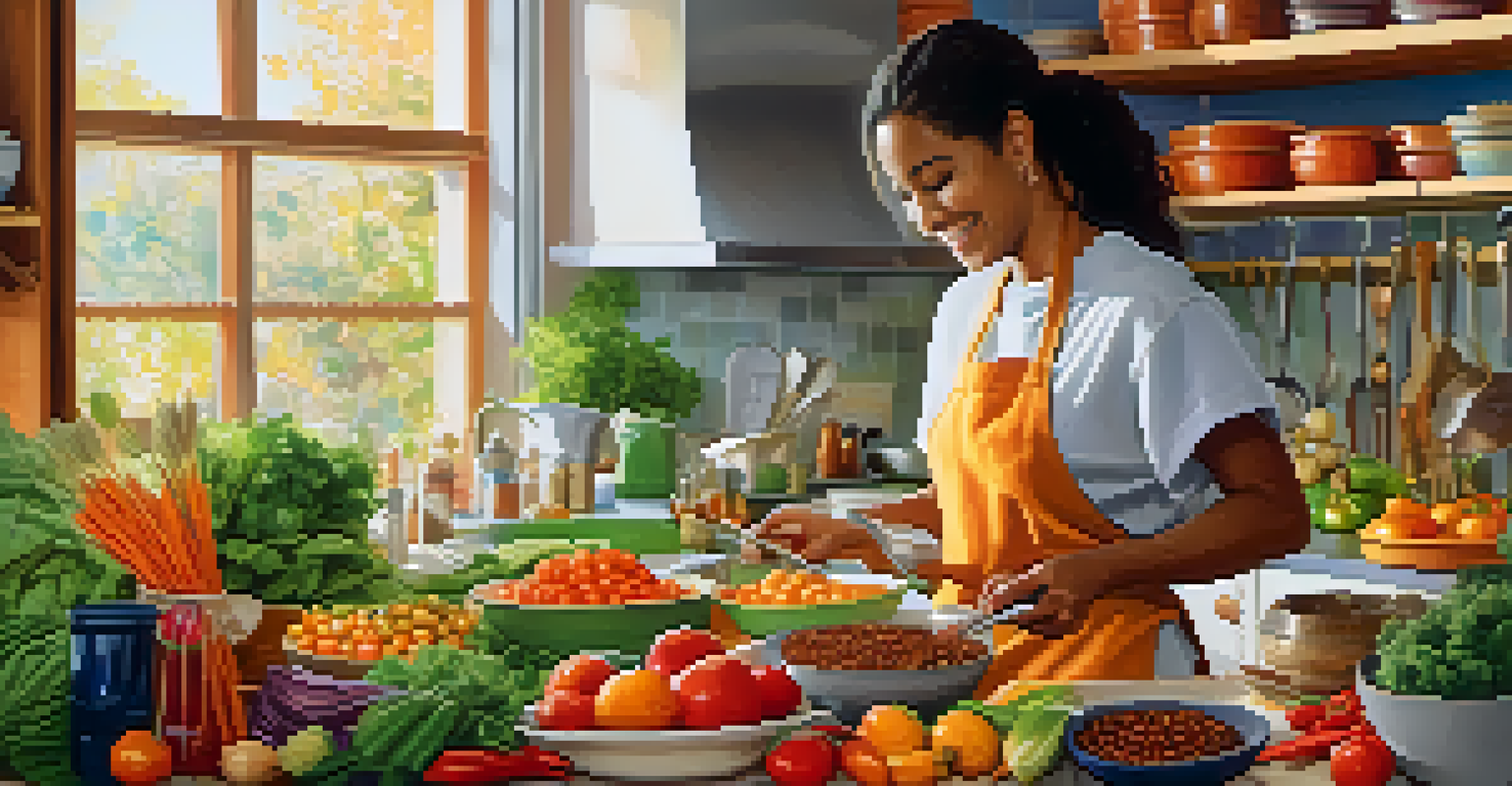A person cooking in a colorful kitchen filled with fresh vegetables and spices, smiling while preparing a meal.