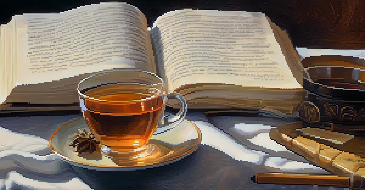 A close-up of an open journal with handwritten notes and a cup of tea on a cozy chair.