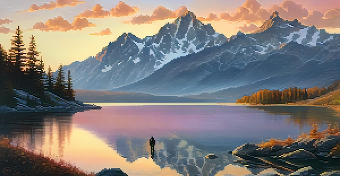 A hiker stands on a rocky outcrop overlooking a serene mountain landscape at sunrise, with vibrant colors in the sky and a tranquil lake below.