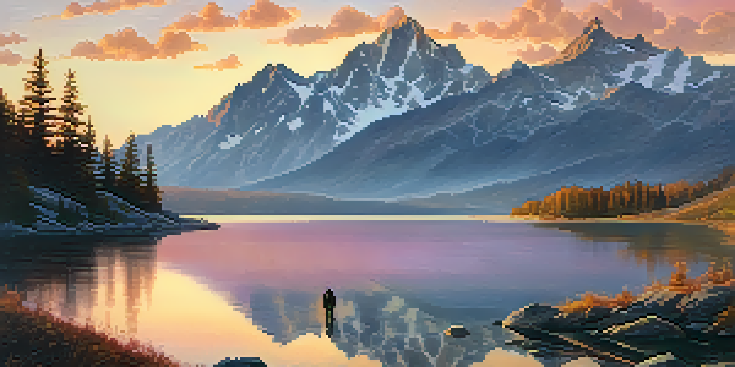 A hiker stands on a rocky outcrop overlooking a serene mountain landscape at sunrise, with vibrant colors in the sky and a tranquil lake below.