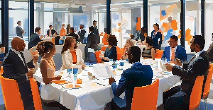 A diverse group of professionals networking in a bright conference room, exchanging business cards and sharing ideas.