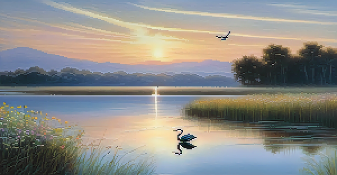 A peaceful sunrise over a calm lake with wildflowers in the foreground and a heron at the water's edge.