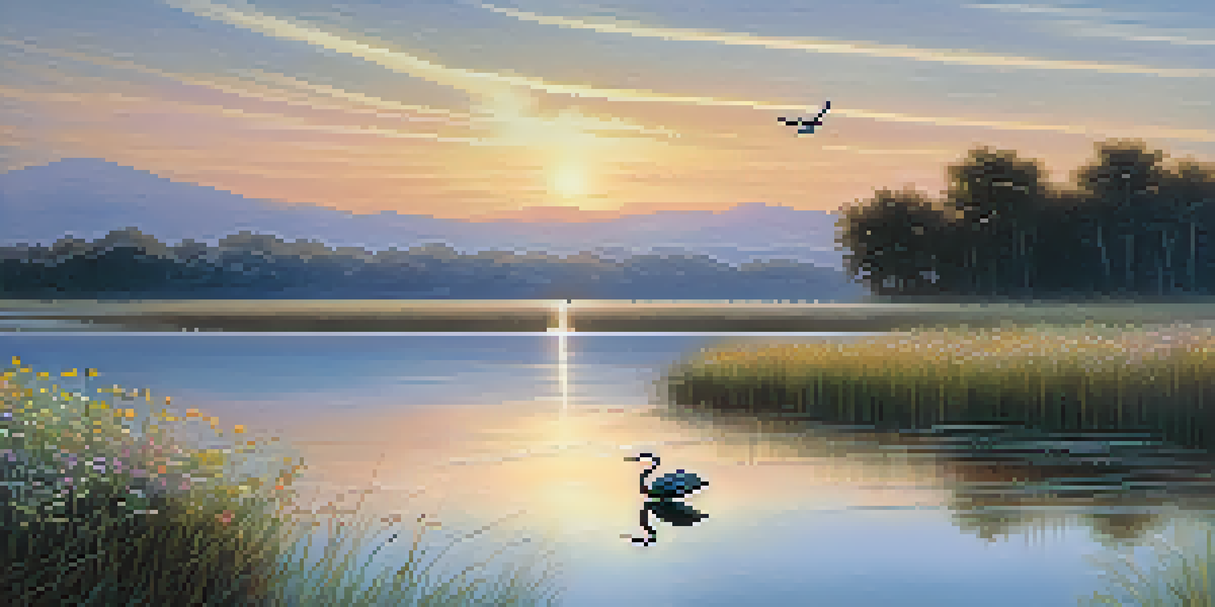 A peaceful sunrise over a calm lake with wildflowers in the foreground and a heron at the water's edge.