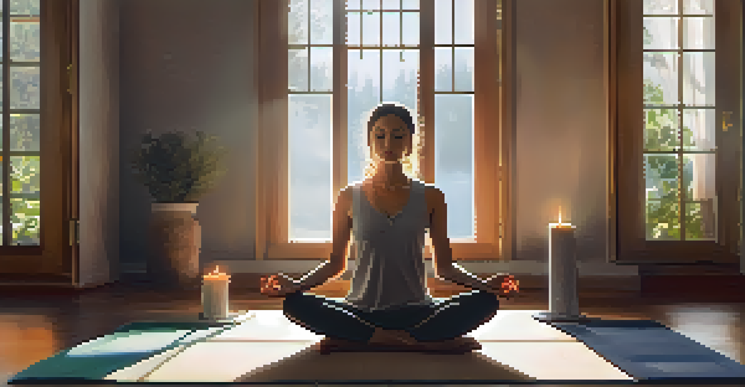 A person meditating on a yoga mat with a calm expression in a softly lit room filled with candles.