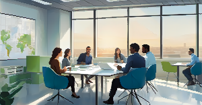 A diverse group of professionals in a bright office, sitting around a table, participating in a constructive feedback session with a collaborative atmosphere.