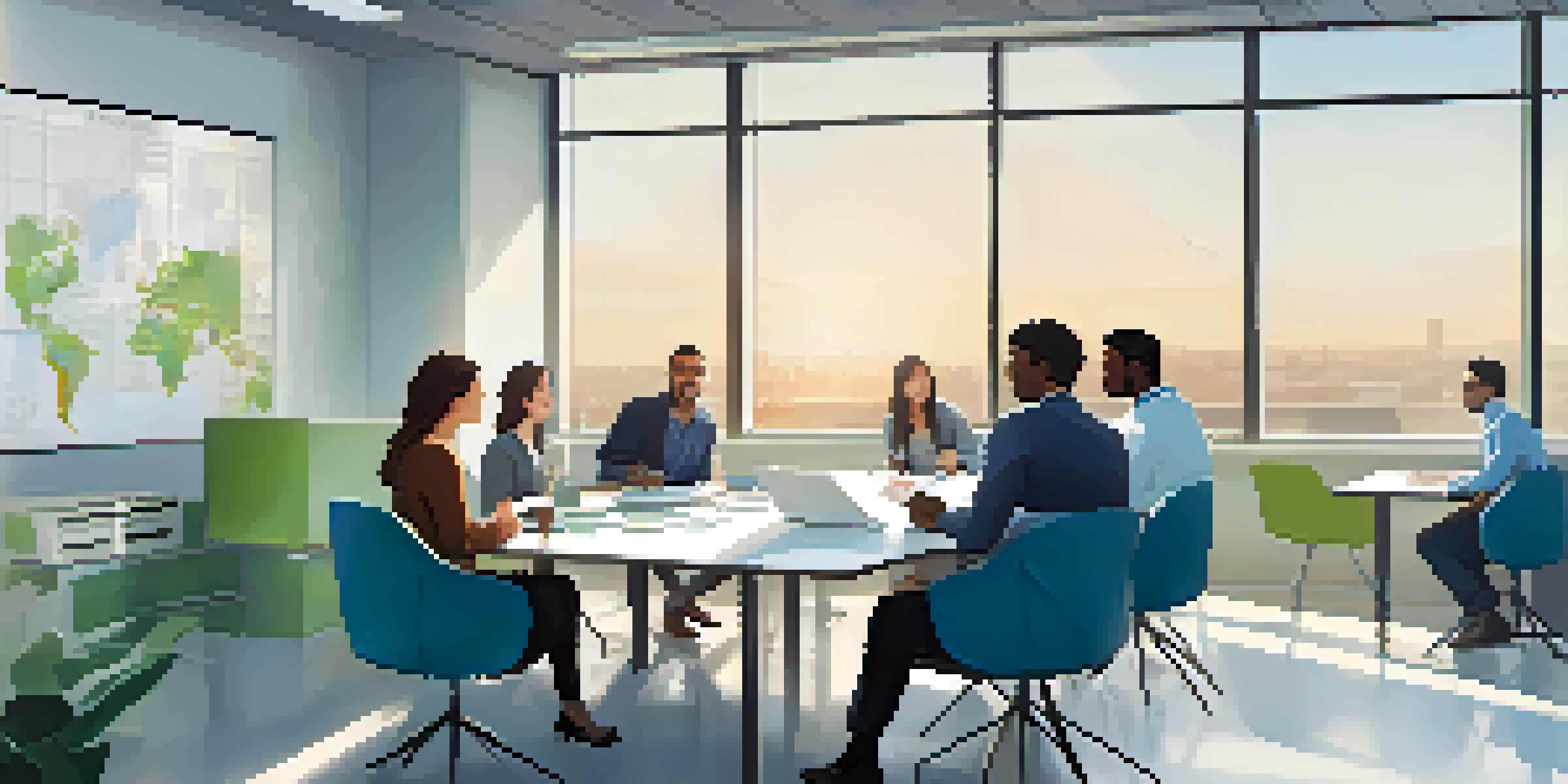 A diverse group of professionals in a bright office, sitting around a table, participating in a constructive feedback session with a collaborative atmosphere.