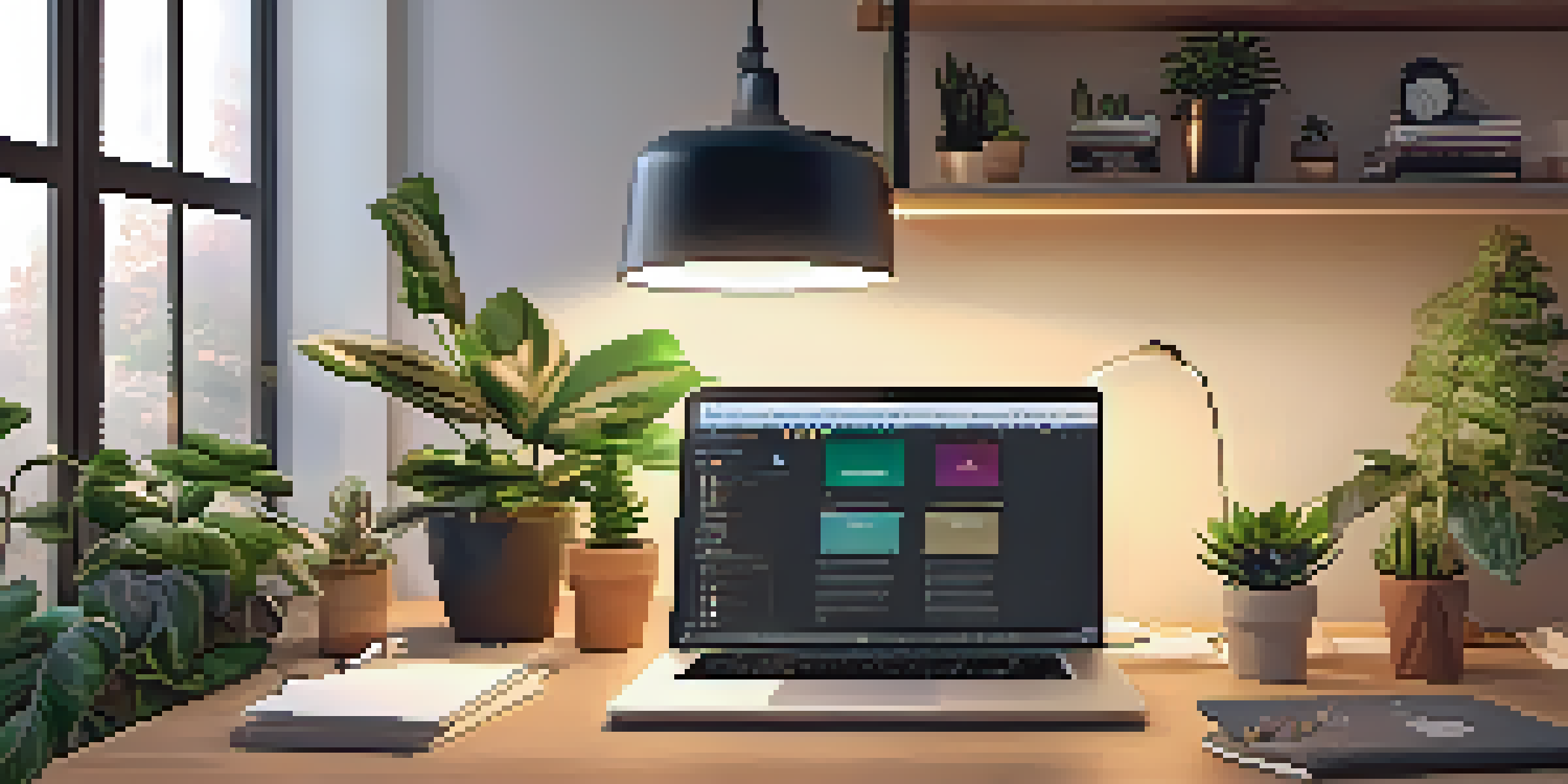 A cozy home office with a wooden desk, an open laptop, plants, and inspirational quotes on the wall.