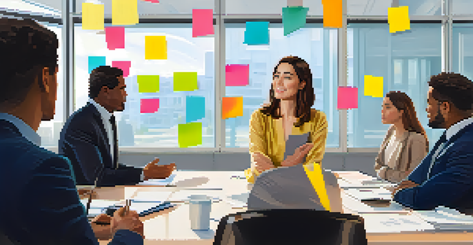 A young woman confidently speaking in a meeting room, with colleagues listening attentively.