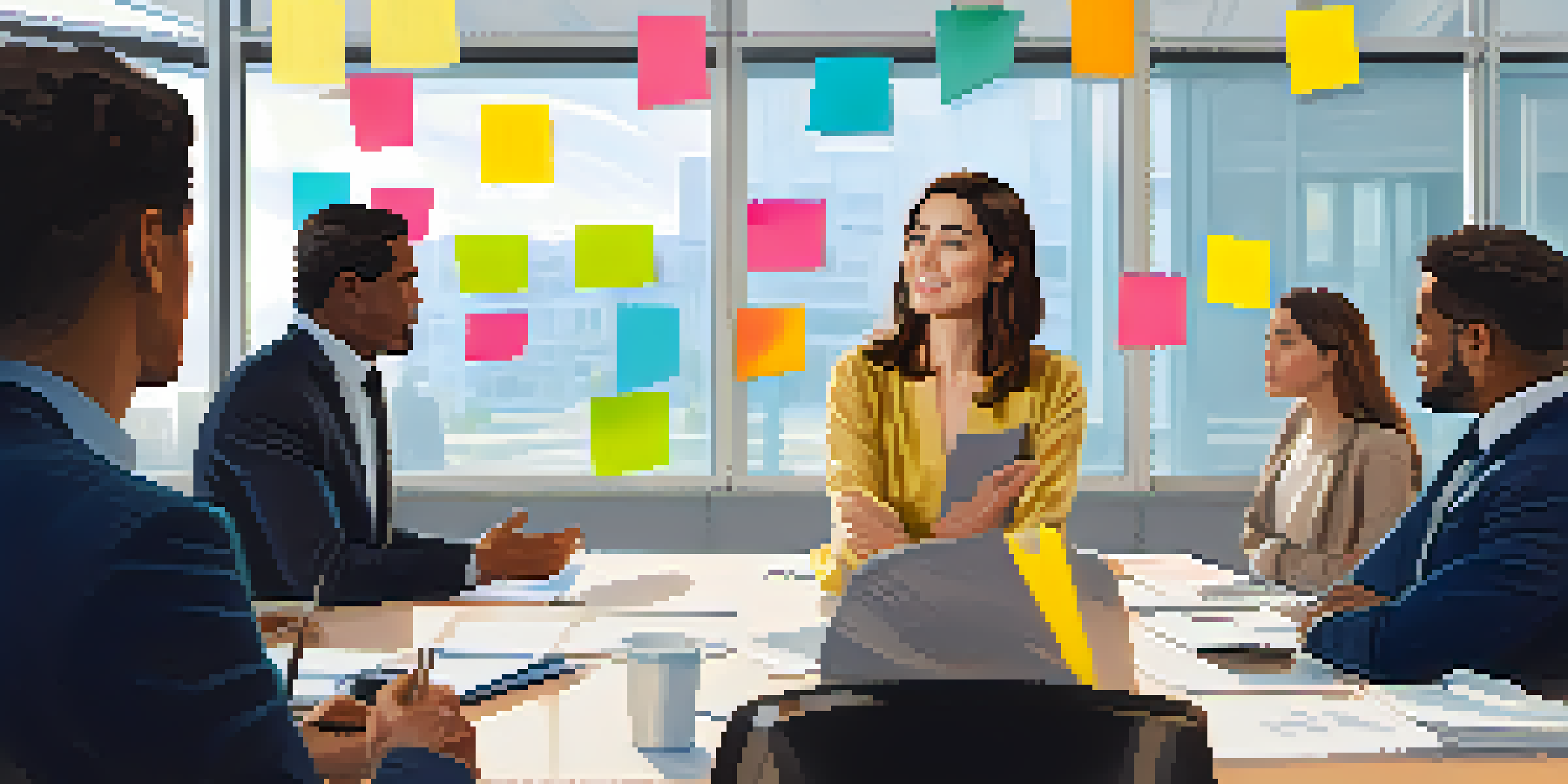 A young woman confidently speaking in a meeting room, with colleagues listening attentively.