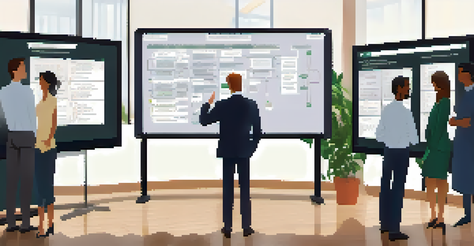 A person presenting a flowchart for decision-making in a well-lit office with attentive colleagues.