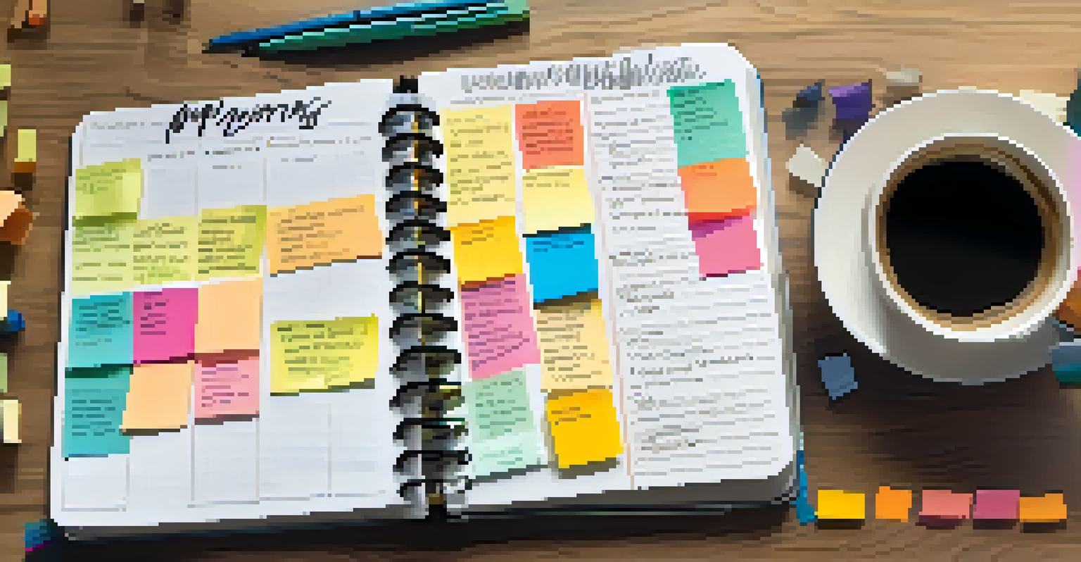 An organized desk with a planner, sticky notes, and a cup of coffee, showcasing SMART goals.