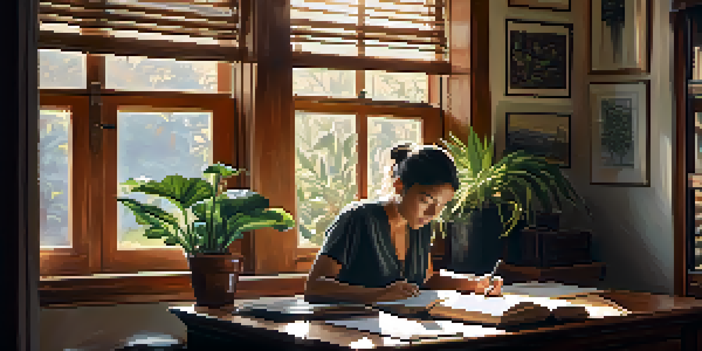 A person writing in a journal at a desk surrounded by plants and quotes, with sunlight streaming in.