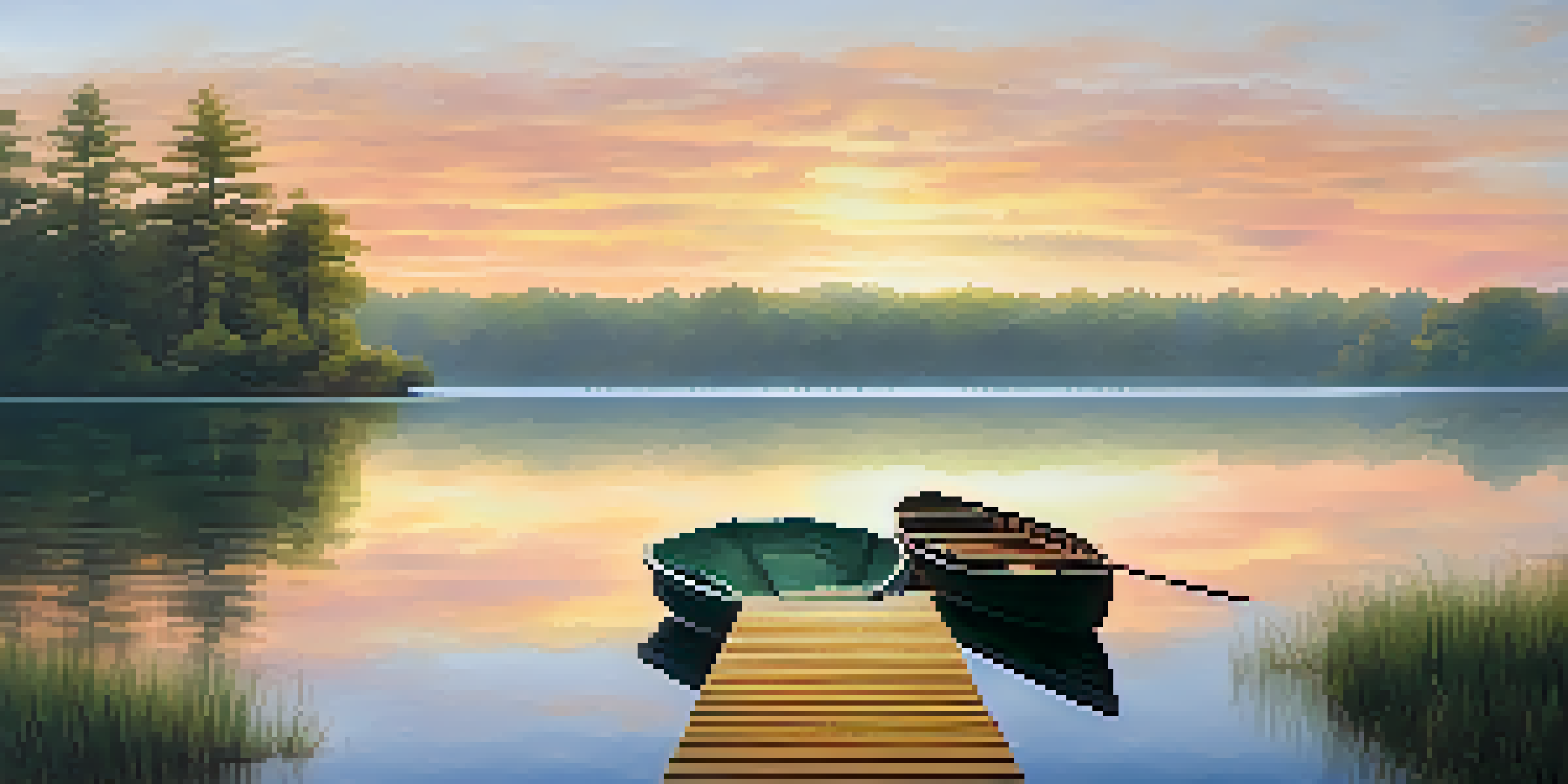 A peaceful sunrise over a calm lake with a wooden dock and a rowboat, surrounded by trees and mist.