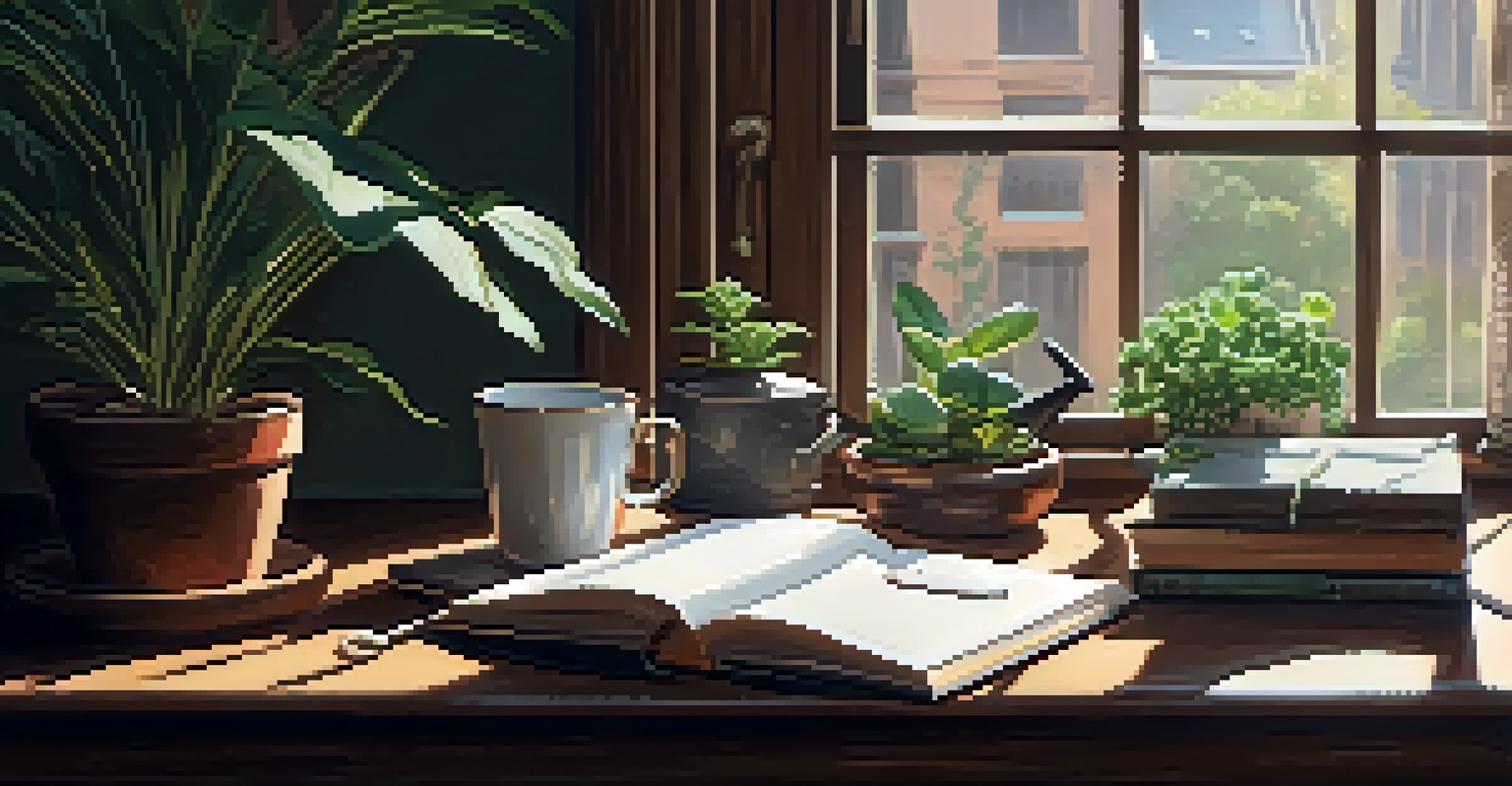 A warm and inviting workspace with a wooden desk, an open notebook, a cup of tea, and plants.