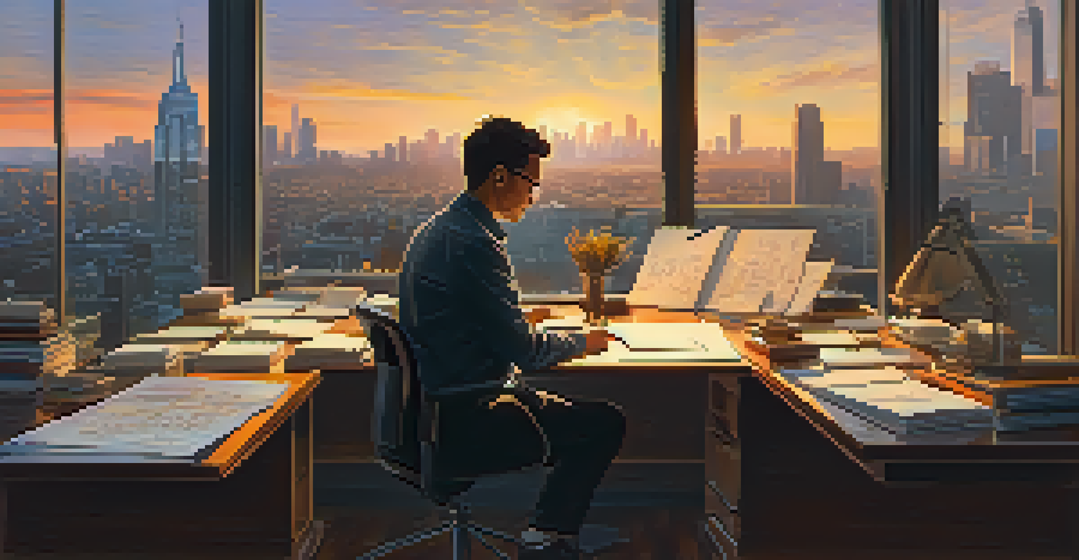 An inspiring workspace with a window view of a city skyline at sunset, featuring a person deep in thought and surrounded by creative materials.