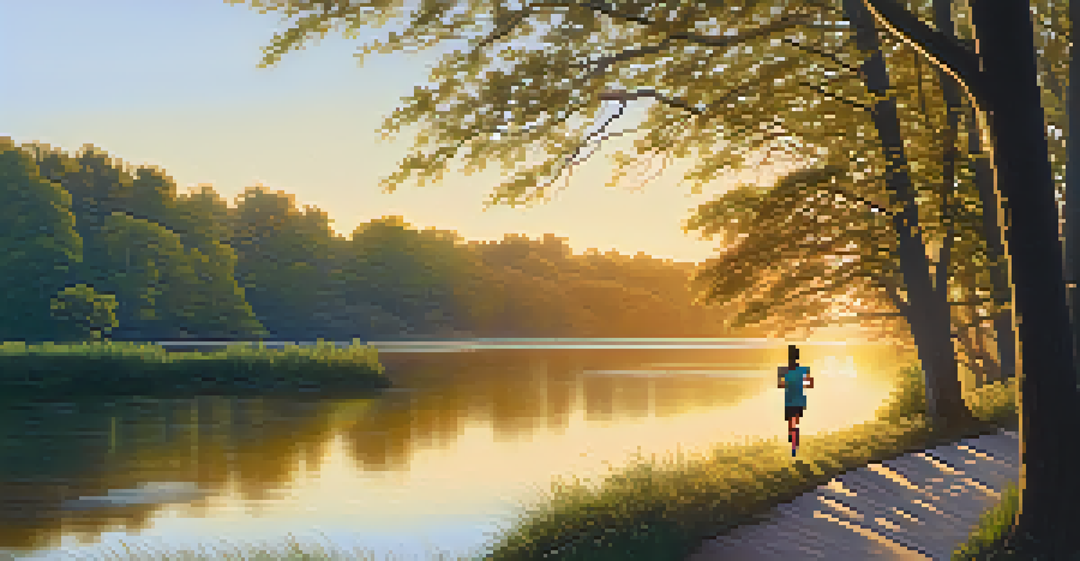 A jogger in bright athletic clothing running on a scenic trail during sunrise, with trees and a lake reflecting the golden morning light around them.