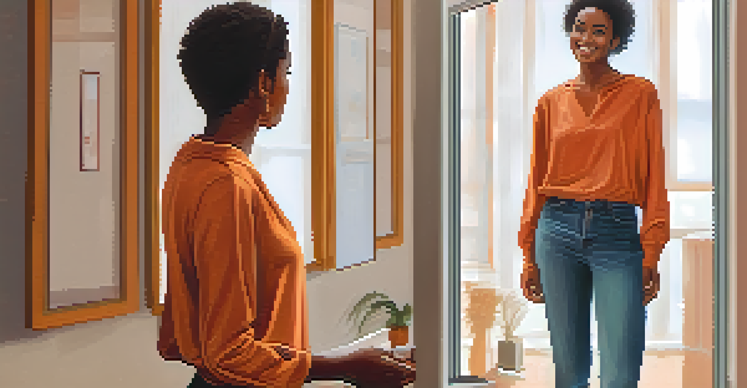 A person in front of a mirror practicing assertive body language and smiling confidently.