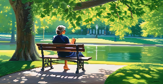 A person writing in a gratitude journal on a park bench, surrounded by trees and flowers.