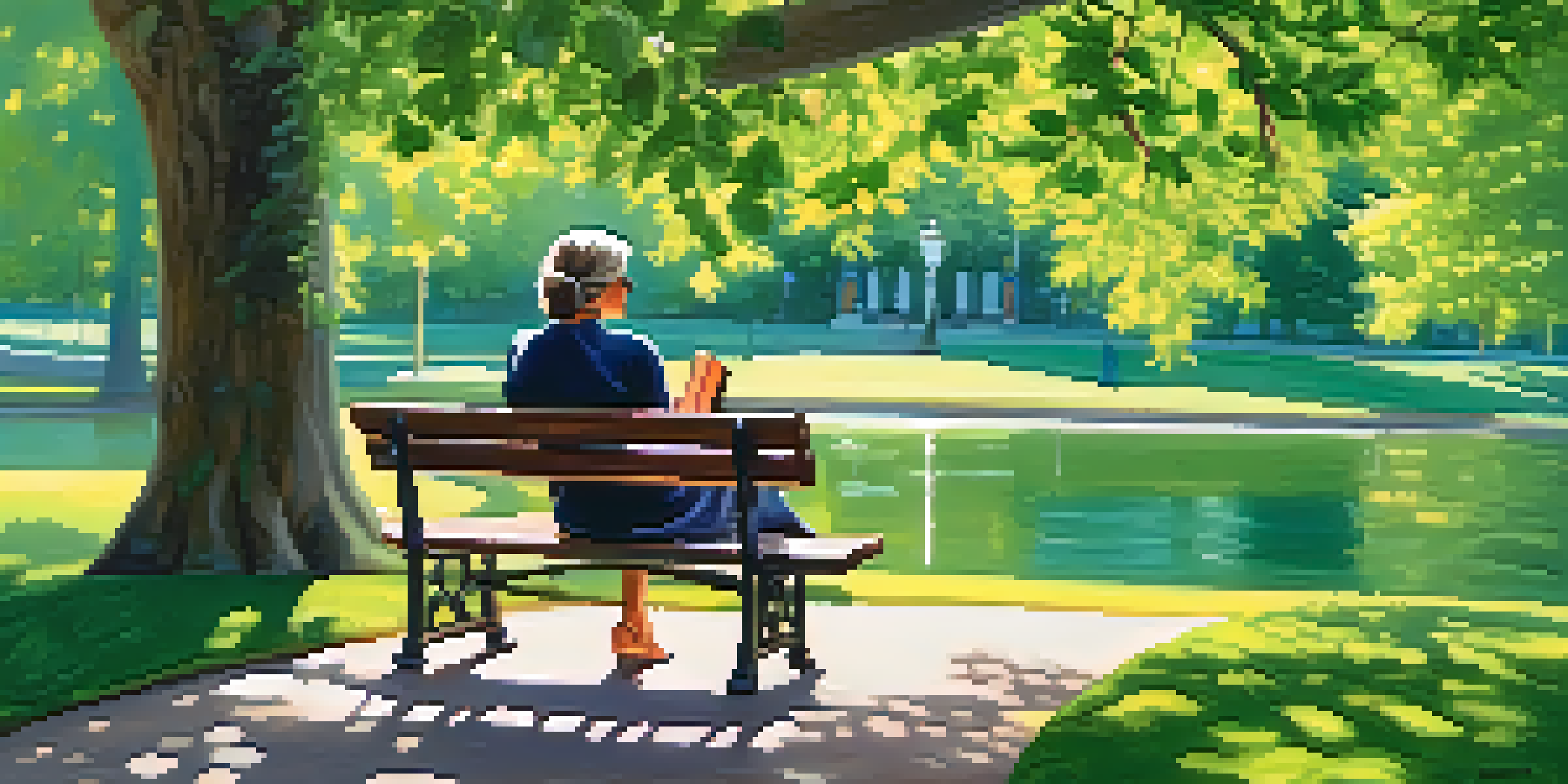 A person writing in a gratitude journal on a park bench, surrounded by trees and flowers.