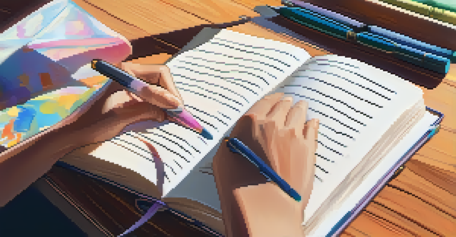 A hand writing positive affirmations in a journal with a colorful pen beside it, illuminated by sunlight.