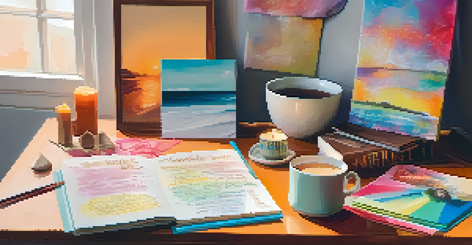 A close-up of a vision board with colorful affirmations and images, set in a cozy room with soft lighting and a cup of tea.
