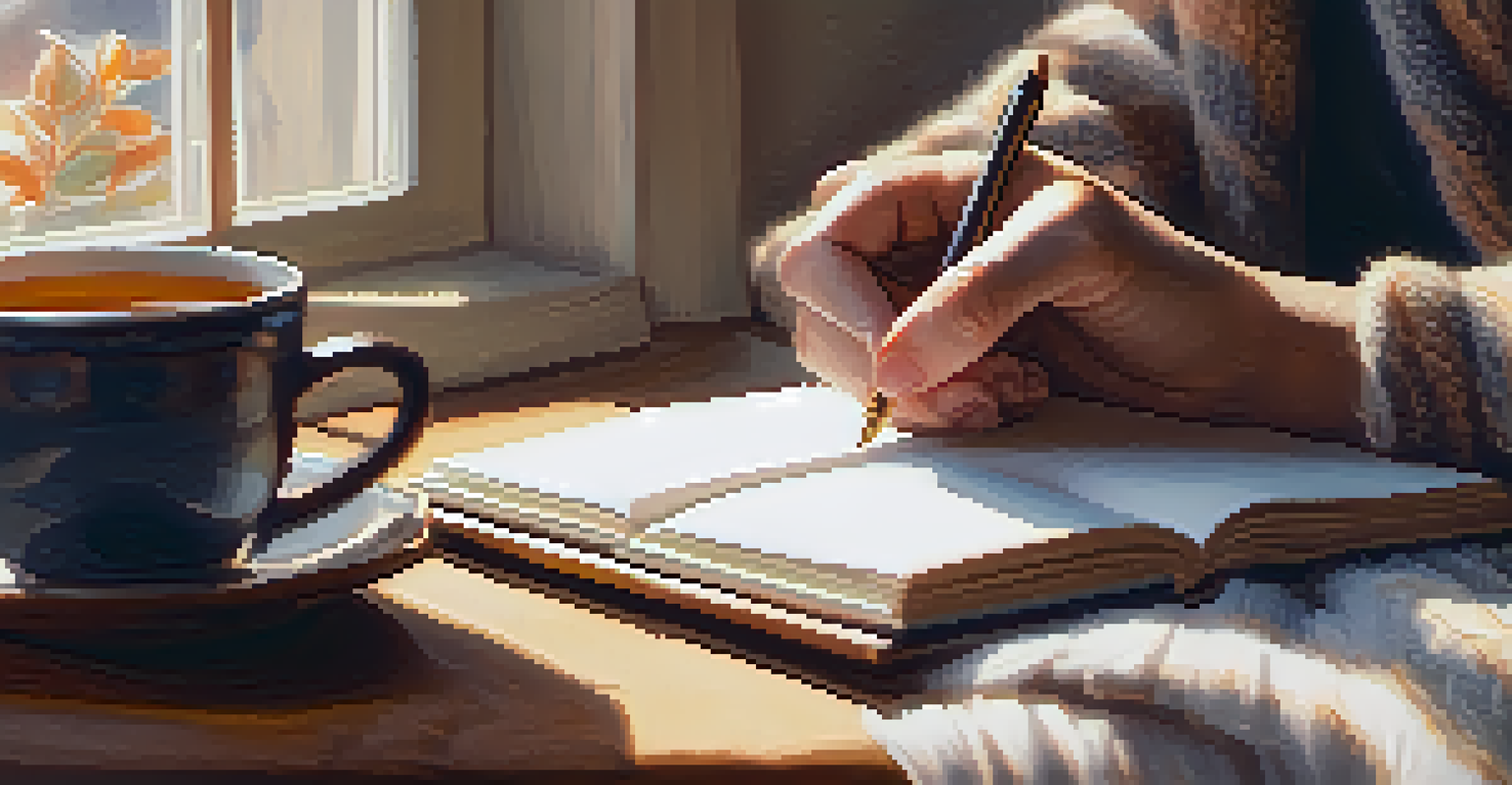 A person writing in a gratitude journal while seated in a cozy room with warm lighting, a cup of tea nearby, and a view of nature outside.