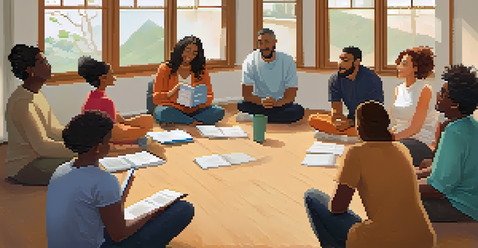 A life coaching session with a diverse group of individuals sitting in a circle, engaged with a compassionate coach in a cozy room filled with motivational quotes.