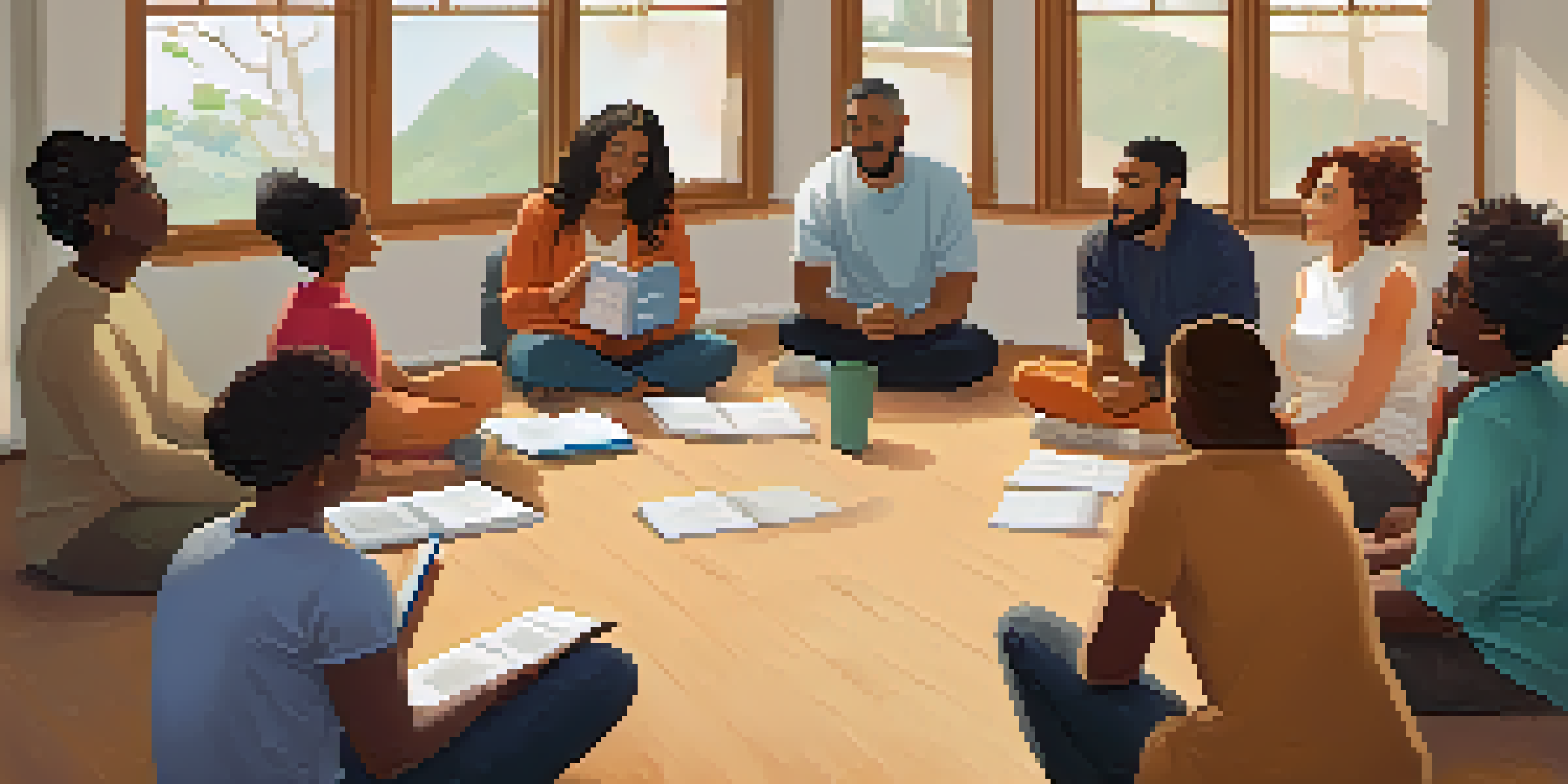 A life coaching session with a diverse group of individuals sitting in a circle, engaged with a compassionate coach in a cozy room filled with motivational quotes.