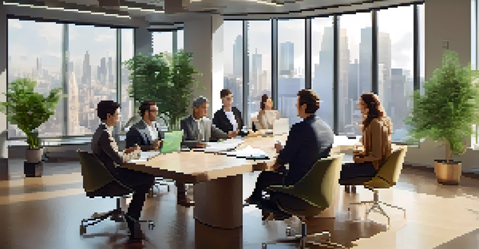 A diverse group of leaders in a bright office, collaborating around a table with plants in the background.