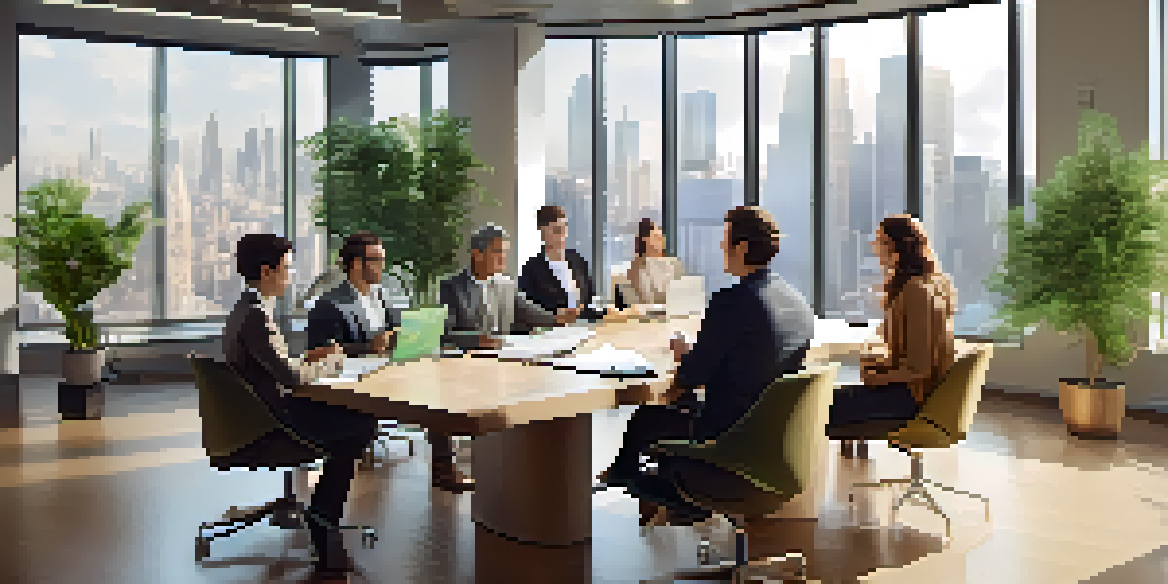 A diverse group of leaders in a bright office, collaborating around a table with plants in the background.