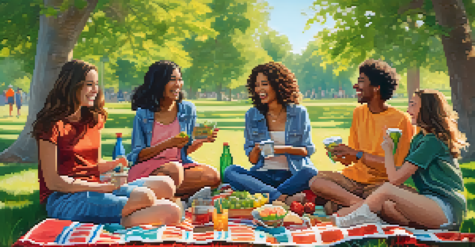 A group of friends having a joyful picnic in a sunny park, surrounded by food and nature.