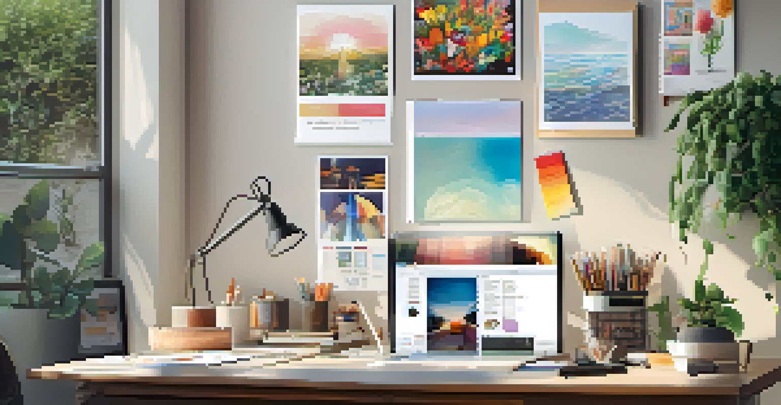 A motivational workspace with a vision board, organized desk, and sunlight filtering through a window, exuding creativity and inspiration.