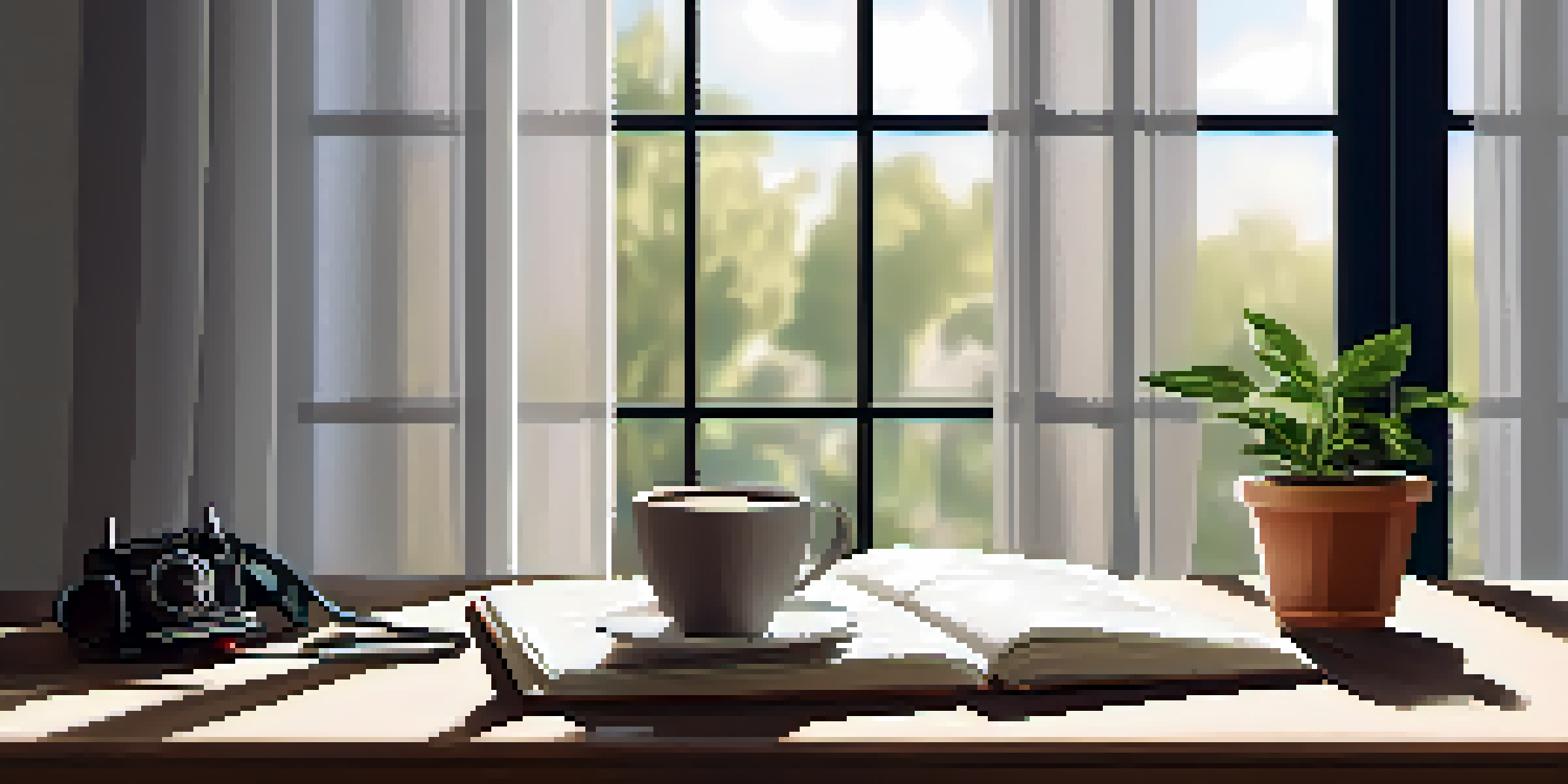A peaceful workspace with a wooden desk, a laptop, an open notebook, a steaming cup of coffee, and a potted plant, illuminated by soft sunlight.
