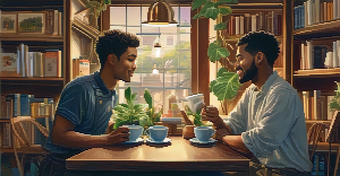 Two friends having a deep conversation in a cozy café, with warm lighting and coffee on the table.
