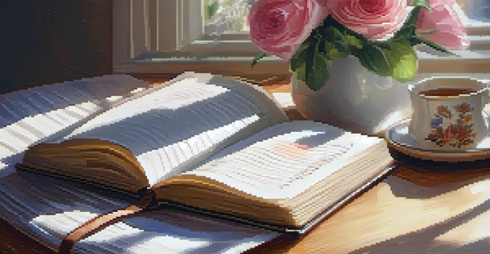 A gratitude journal on a wooden table with handwritten notes, a cup of tea, and flowers, illuminated by soft natural light.