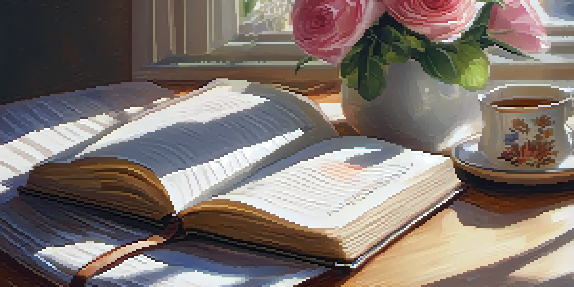 A gratitude journal on a wooden table with handwritten notes, a cup of tea, and flowers, illuminated by soft natural light.