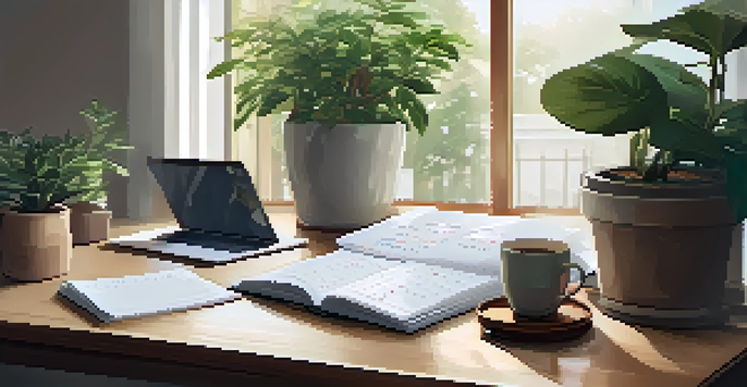 A well-organized workspace featuring a wooden desk with a laptop, a coffee cup, a potted plant, and natural light from a window.