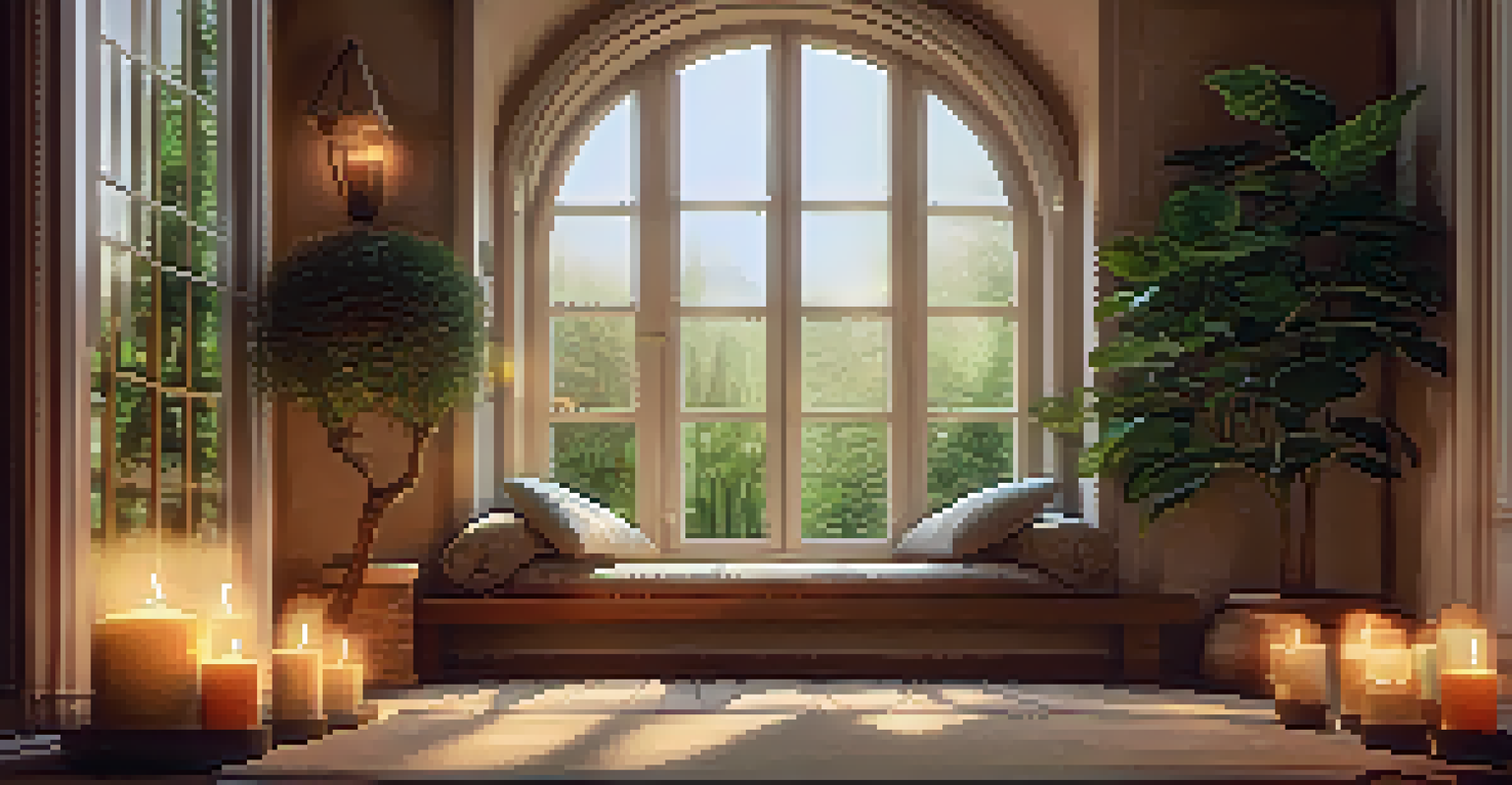 A peaceful indoor meditation space with a cushion, candles, and plants, bathed in warm light.