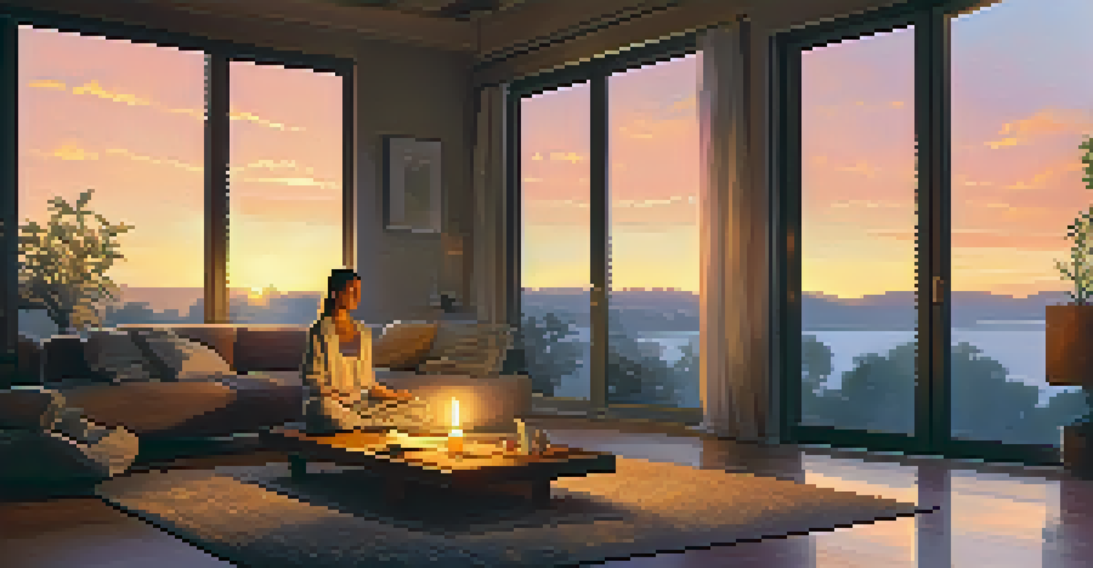 A person doing yoga in a cozy living room during sunset, with cushions and a lit candle.