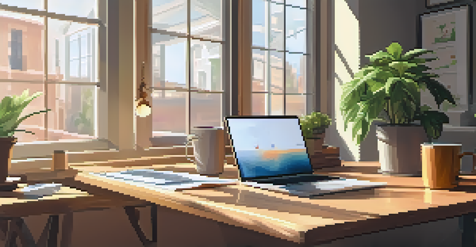 A warm office environment with a desk, laptop showing graphs, and sunlight illuminating potted plants.