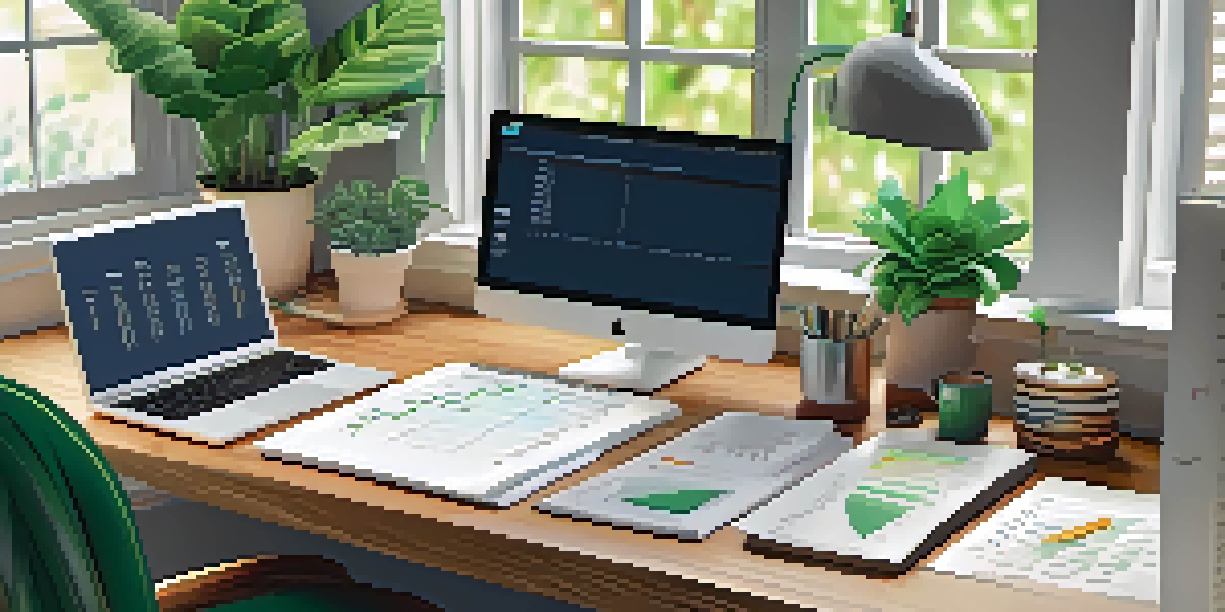 A tidy wooden desk with a laptop, notepad, and coffee cup, illuminated by natural light, surrounded by green plants.
